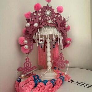 Epic One-of-Kind Pink Ornate Headpiece with Pearls and Tassels